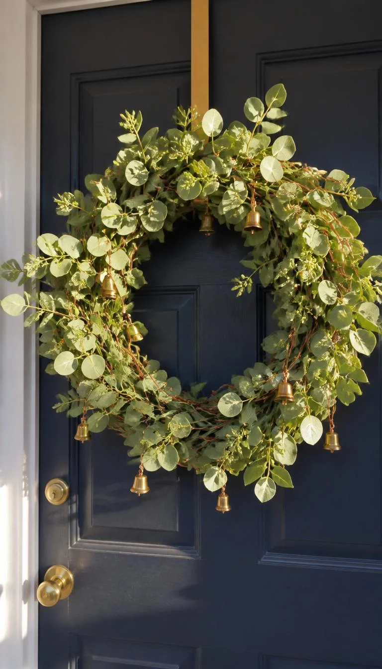 A super-realistic photo of a navy blue front door with a lush wreath of silver dollar eucalyptus intertwined with thin copper wire and small metallic bells, the afternoon sun reflects off the metal bits creating a warm glow, everyday social media post aesthetic, photorealistic, high-quality mobile photography, shot on an iPhone 14