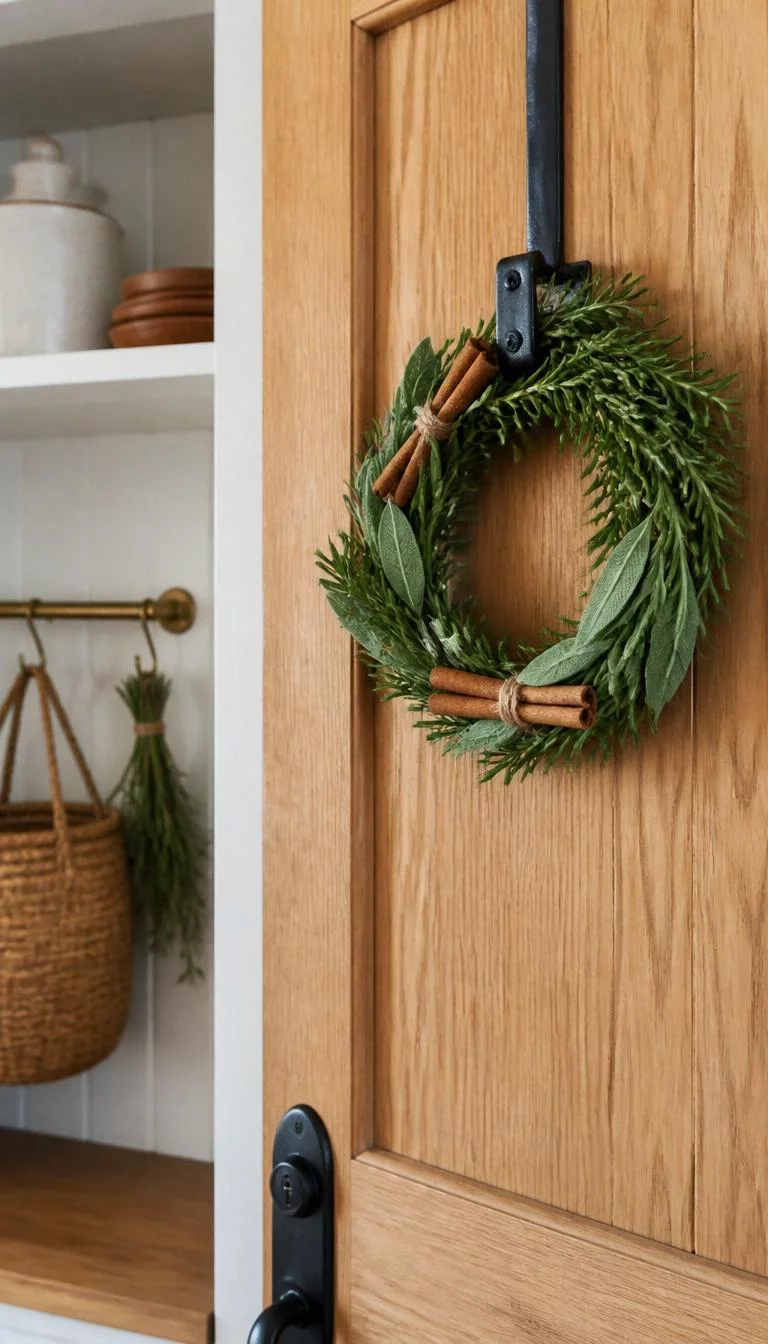 A super-realistic photo of a light wood kitchen door or side entrance featuring a small wreath made of fresh rosemary, sage, and bundled cinnamon sticks tied with twine, the scene looks fragrant and herbal, everyday social media post aesthetic, photorealistic, high-quality mobile photography, shot on an iPhone 14