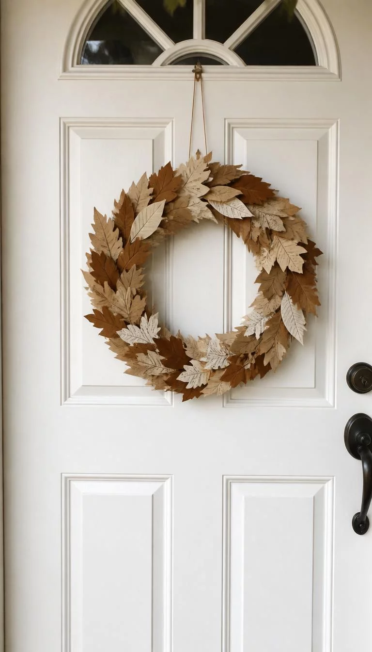 A super-realistic photo of a white front door with a wreath made of hand cut paper leaves in shades of brown, tan, and cream, some leaves are made from old book pages with visible text, everyday social media post aesthetic, photorealistic, high-quality mobile photography, shot on an iPhone 14