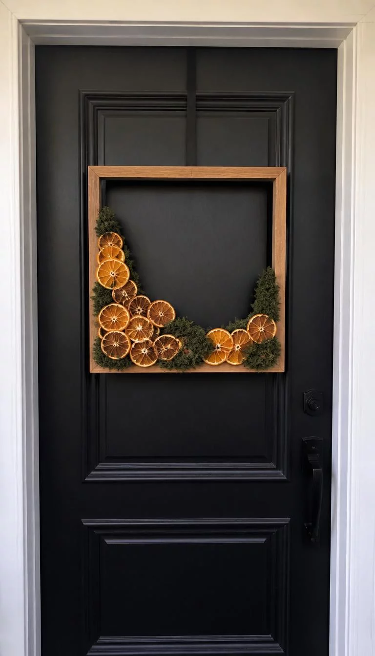 A super-realistic photo of a black modern front door with a square wooden frame serving as a wreath, inside the frame are clusters of dried orange slices and dark green moss, everyday social media post aesthetic, photorealistic, high-quality mobile photography, shot on an iPhone 14