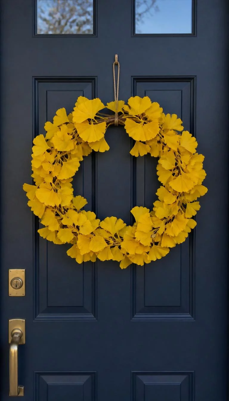 A super-realistic photo of a navy blue front door with a thin wreath of bright yellow ginkgo leaves arranged in a fan pattern, the unique fan shape of the leaves creates a repetitive and artistic texture, everyday social media post aesthetic, photorealistic, high-quality mobile photography, shot on an iPhone 14