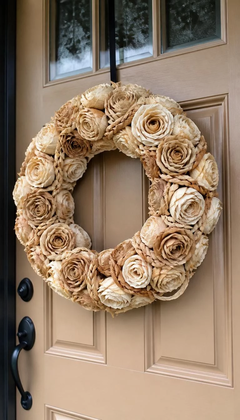 A super-realistic photo of a tan front door with a wreath made entirely of dried corn husks folded into intricate rose shapes, the various shades of cream and light brown create a soft textured effect, everyday social media post aesthetic, photorealistic, high-quality mobile photography, shot on an iPhone 14