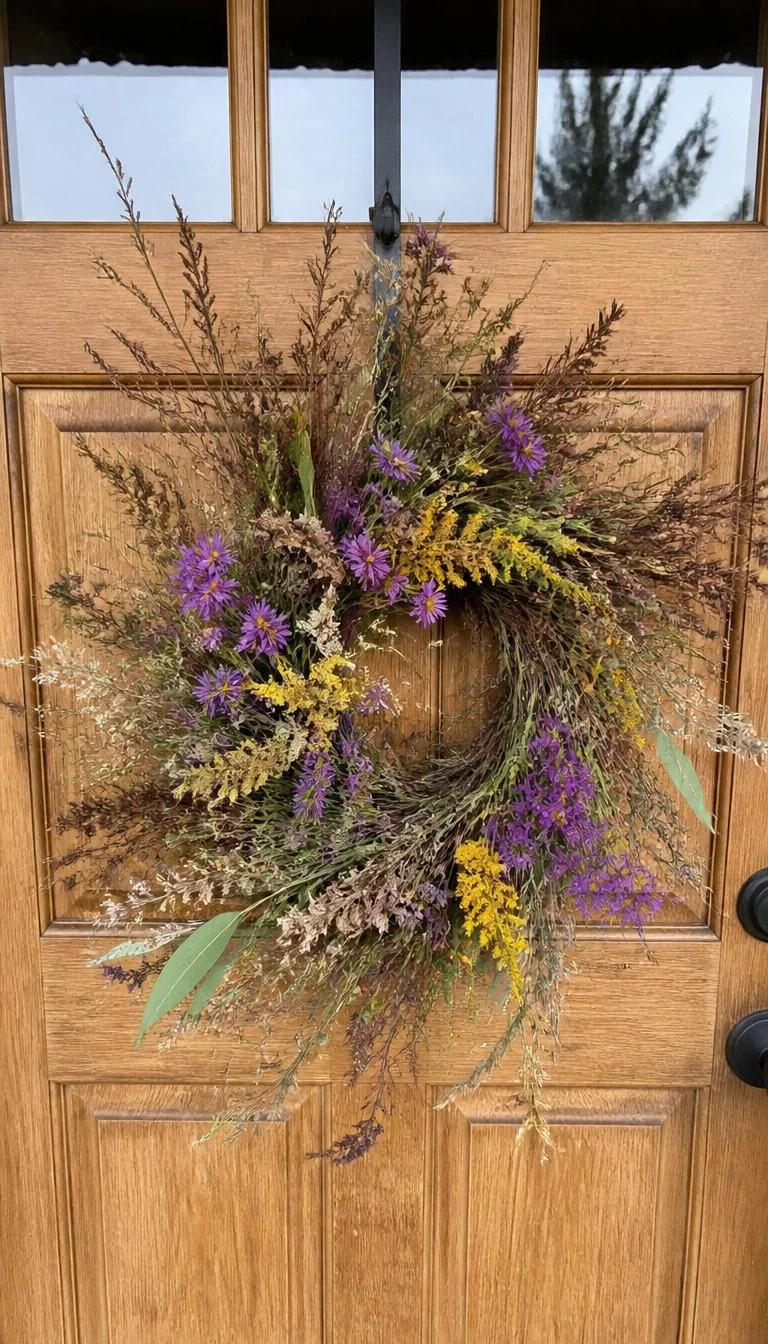 A super-realistic photo of a natural wood front door adorned with a chaotic and beautiful wreath of dried goldenrods, purple asters, and wild brown grasses, the arrangement looks like a gathered bouquet from a field, everyday social media post aesthetic, photorealistic, high-quality mobile photography, shot on an iPhone 14