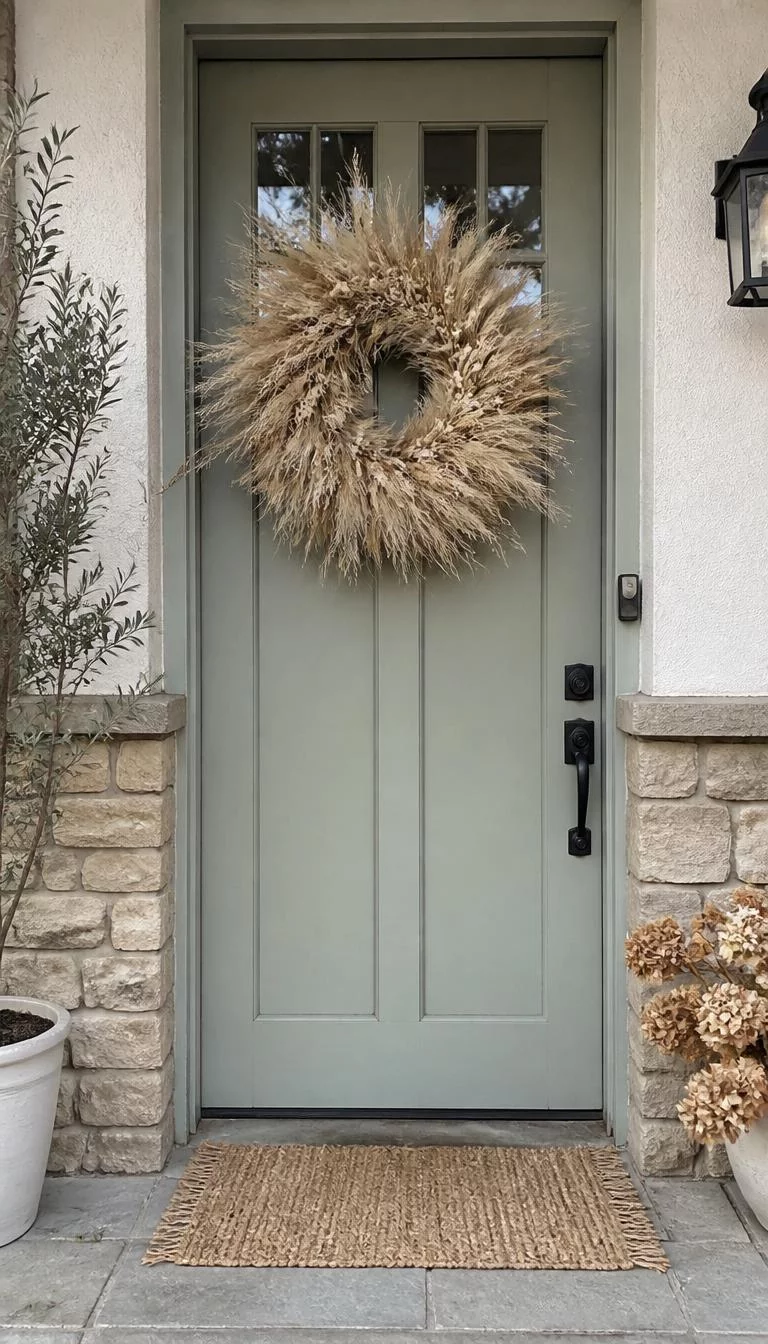 A super-realistic photo of a sage green front door accented by a large fluffy wreath composed entirely of tan pampas grass and dried bunny tails, the soft textures move slightly in a breeze while a woven rug sits below on the stone steps, everyday social media post aesthetic, photorealistic, high-quality mobile photography, shot on an iPhone 14