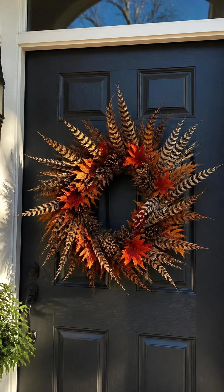 A super-realistic photo of a charcoal front door decorated with a wreath featuring brown striped pheasant feathers mixed with dark orange maple leaves and pinecones, the sunlight highlights the iridescent sheen on the feathers, everyday social media post aesthetic, photorealistic, high-quality mobile photography, shot on an iPhone 14