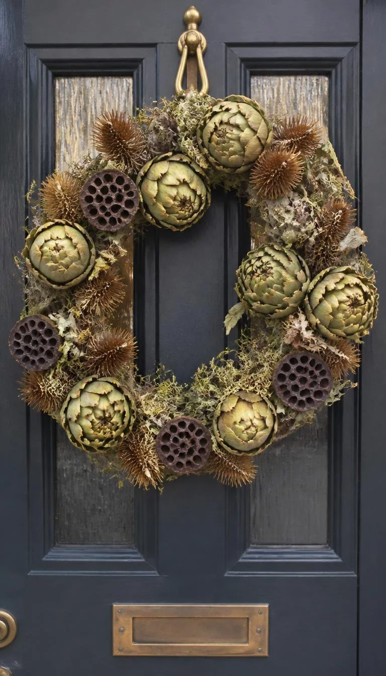 A super-realistic photo of a navy blue front door with a wreath made of dried green artichokes, lotus seed pods, and brown thistle, the display is very textured and looks like an apothecary collection, everyday social media post aesthetic, photorealistic, high-quality mobile photography, shot on an iPhone 14