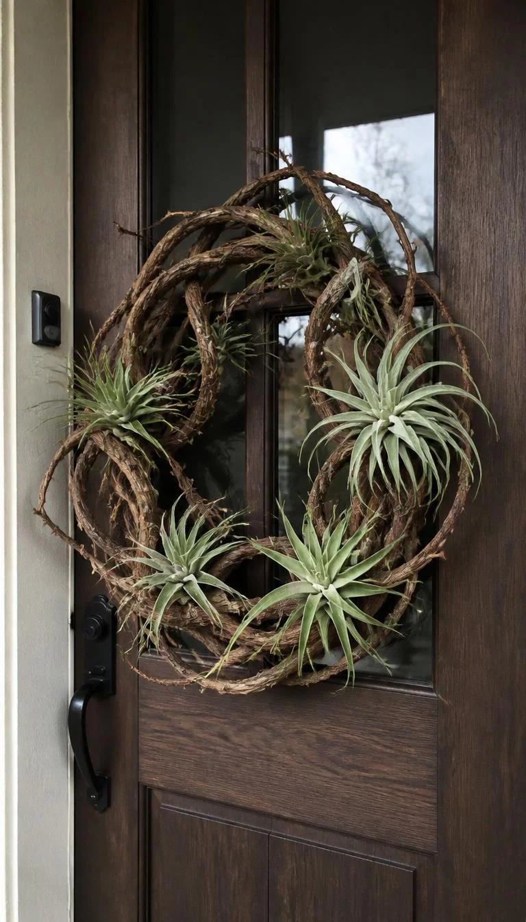 A super-realistic photo of a dark wood front door with a wreath made of loose grapevine spirals and several large tillandsia air plants tucked into the gaps, the look is very organic and sculptural, everyday social media post aesthetic, photorealistic, high-quality mobile photography, shot on an iPhone 14