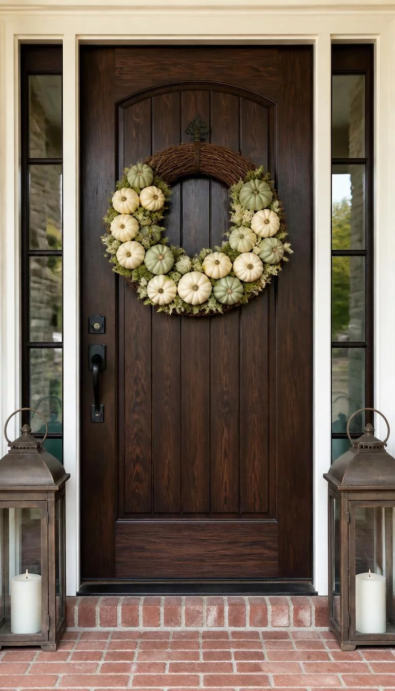 A super-realistic photo of a dark wood door featuring a sturdy grapevine wreath base heavily loaded with small white pumpkins and pale green gourds nestled in moss, large lanterns flank the entrance on a brick porch, everyday social media post aesthetic, photorealistic, high-quality mobile photography, shot on an iPhone 14