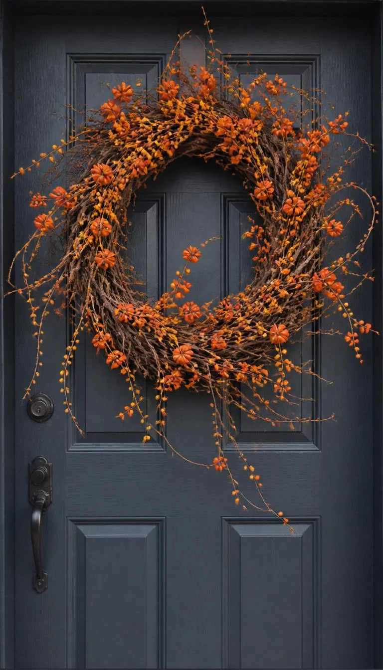 A super-realistic photo of a dark gray front door wrapped in a wild wreath of orange bittersweet berries and twisting brown vines, the bright orange husks pop against the dark paint of the door, everyday social media post aesthetic, photorealistic, high-quality mobile photography, shot on an iPhone 14