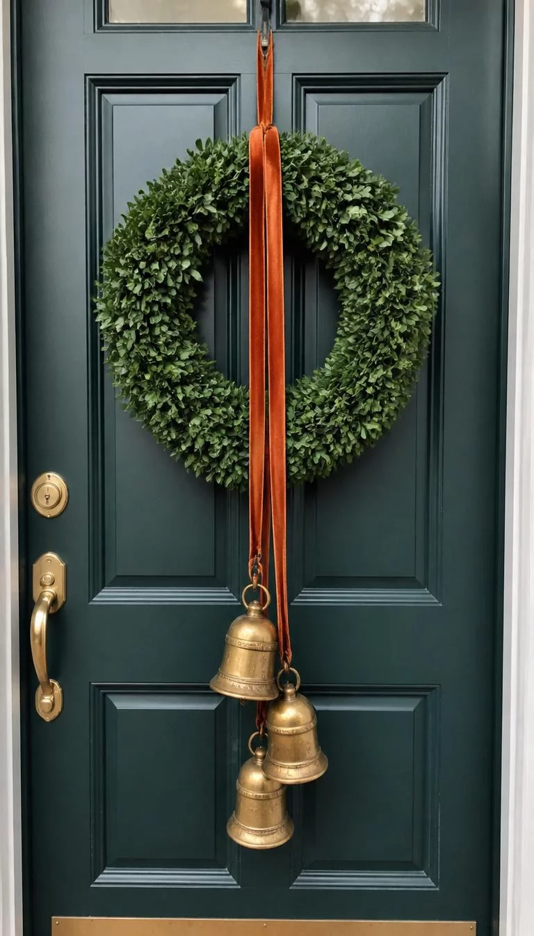 A super-realistic photo of a dark teal front door featuring a simple wreath of dark green boxwood with several large vintage brass bells hanging from the center on a long sienna velvet ribbon, everyday social media post aesthetic, photorealistic, high-quality mobile photography, shot on an iPhone 14