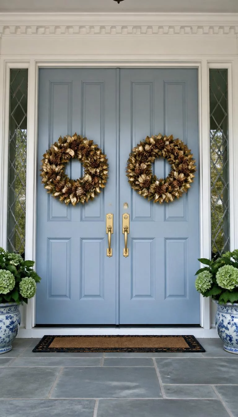 A super-realistic photo of a grand set of double front doors in a light blue color with two identical wreaths made of golden magnolia leaves and large brown seed pods, the symmetry creates a balanced and formal look, everyday social media post aesthetic, photorealistic, high-quality mobile photography, shot on an iPhone 14