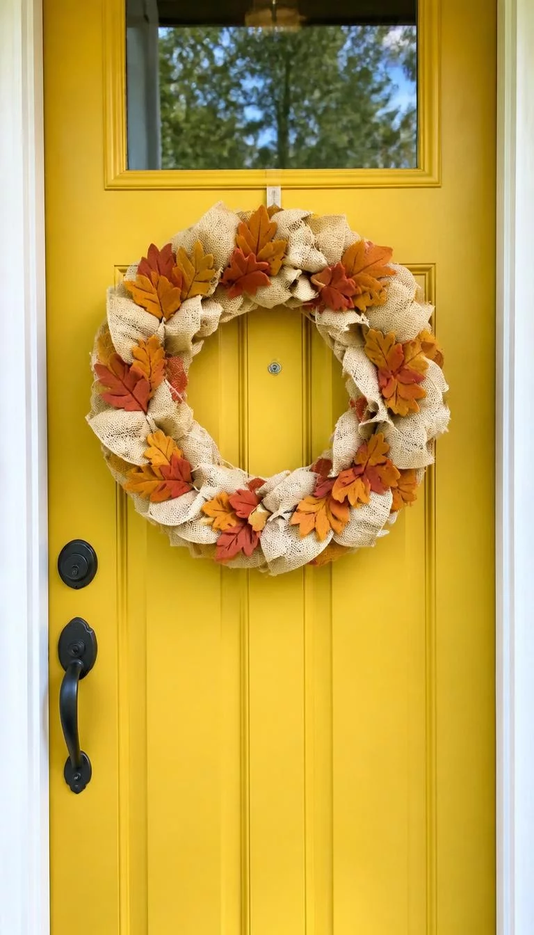 A super-realistic photo of a bright yellow front door with a wreath made of layered cream burlap loops and hand cut felt leaves in shades of terracotta and mustard, the texture is soft and handicraft in style, everyday social media post aesthetic, photorealistic, high-quality mobile photography, shot on an iPhone 14