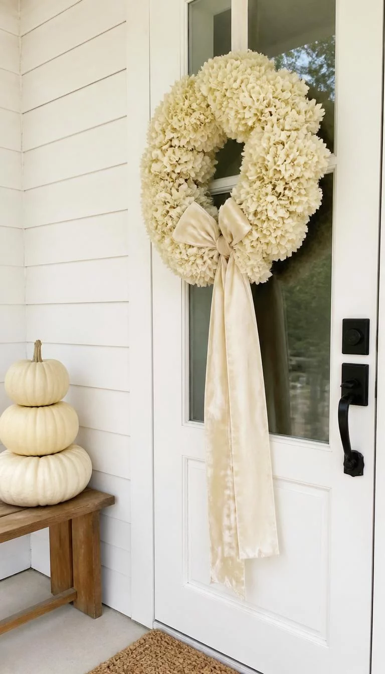 A super-realistic photo of a white farmhouse door decorated with a thick wreath of ivory hydrangeas and oversized cream colored velvet ribbons hanging in long tails, a stack of white heirloom pumpkins sits nearby on a cedar bench, everyday social media post aesthetic, photorealistic, high-quality mobile photography, shot on an iPhone 14