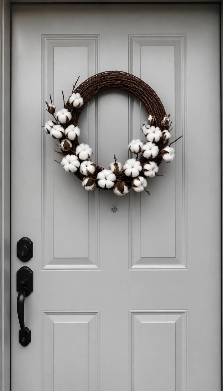 A super-realistic photo of a light gray front door with a wreath consisting of simple brown branches and large fluffy white cotton bolls, the look is very clean and provides a high contrast, everyday social media post aesthetic, photorealistic, high-quality mobile photography, shot on an iPhone 14