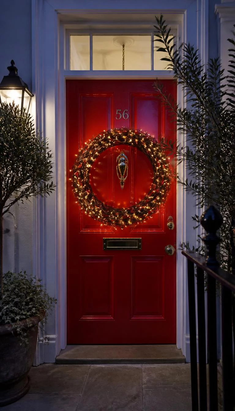 A super-realistic photo of a bright red front door during twilight with a thick wreath of woven dark willow branches embedded with tiny warm white fairy lights, the glow reflects off the polished door knocker, everyday social media post aesthetic, photorealistic, high-quality mobile photography, shot on an iPhone 14