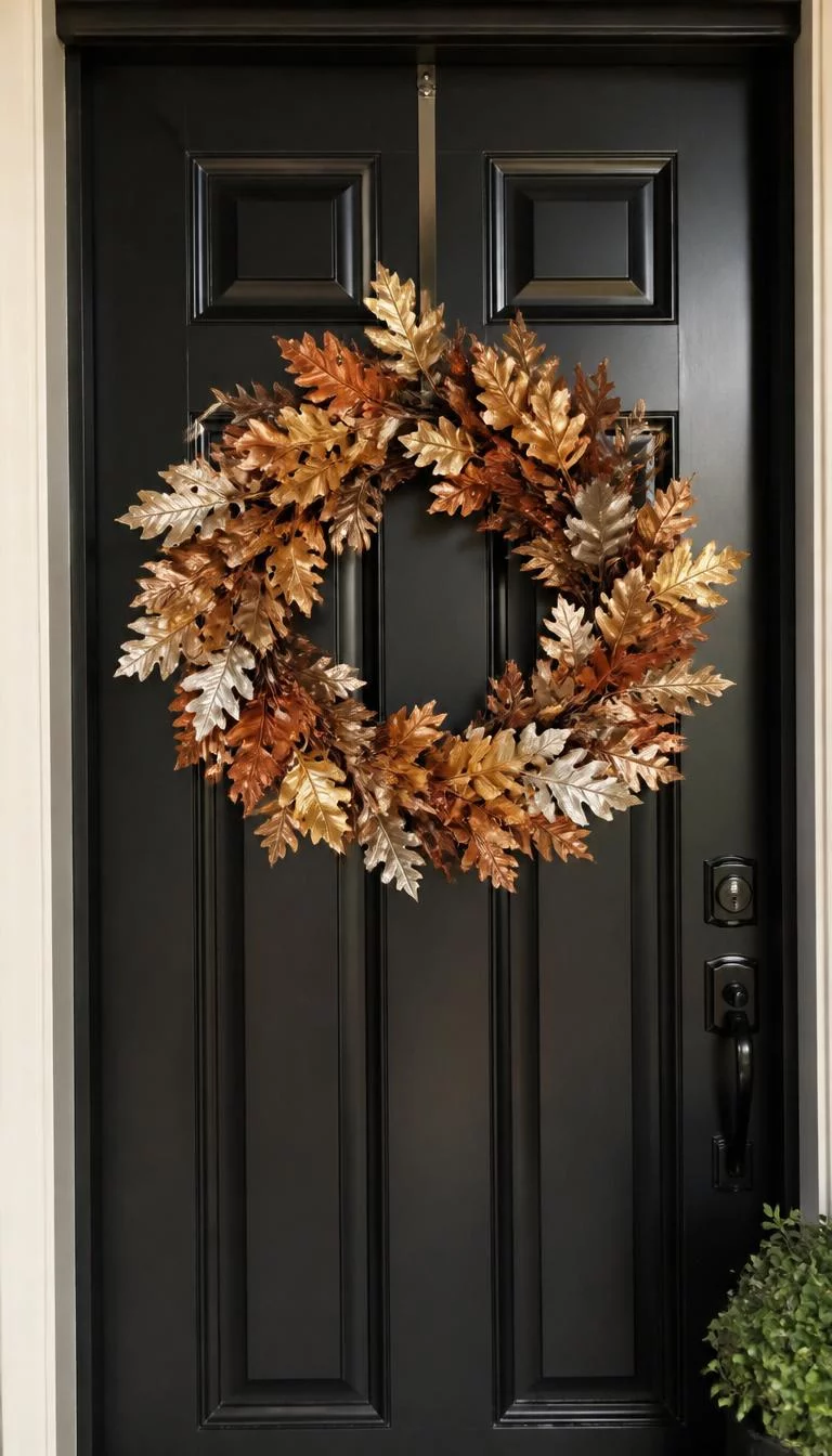 A super-realistic photo of a black front door with a wreath of oak leaves that have been hand painted with copper, gold, and silver metallic paint, the leaves shimmer under the porch light, everyday social media post aesthetic, photorealistic, high-quality mobile photography, shot on an iPhone 14