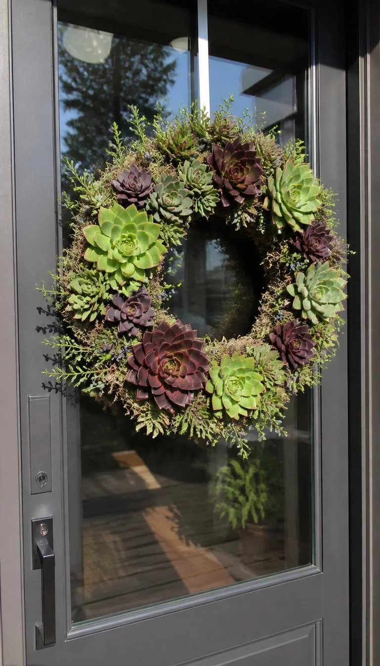 A super-realistic photo of a modern glass and metal front door featuring a living wreath of green and burgundy succulents mixed with dried moss and slate blue berries, the midday sun shines directly on the fleshy leaves, everyday social media post aesthetic, photorealistic, high-quality mobile photography, shot on an iPhone 14