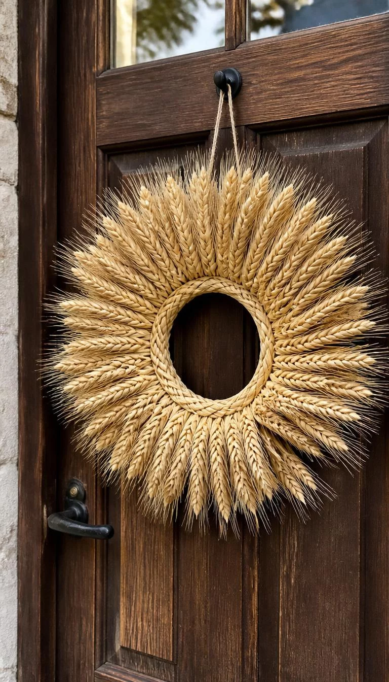 A super-realistic photo of a rustic wooden door with a wreath of thick braided golden wheat, the grain heads are full and create a sunburst pattern around the center, everyday social media post aesthetic, photorealistic, high-quality mobile photography, shot on an iPhone 14