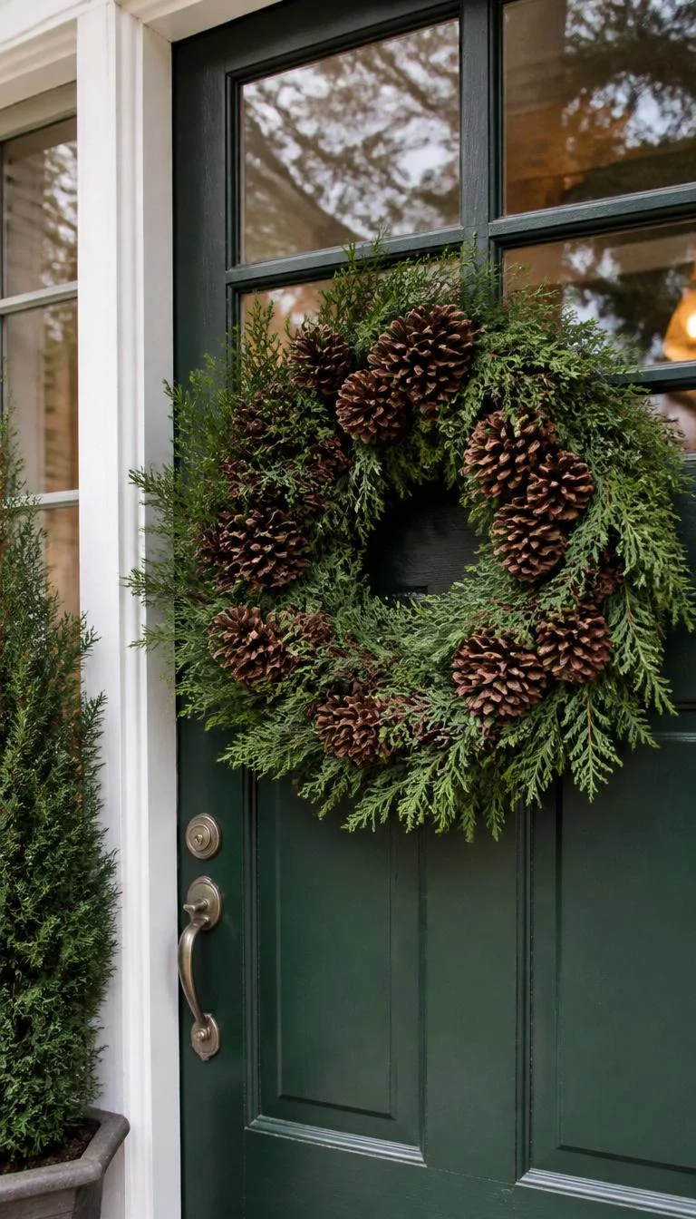 A super-realistic photo of a forest green front door with a large wreath made of massive sugar pinecones and fresh cedar branches, the woody brown and deep green colors look very traditional and earthy, everyday social media post aesthetic, photorealistic, high-quality mobile photography, shot on an iPhone 14