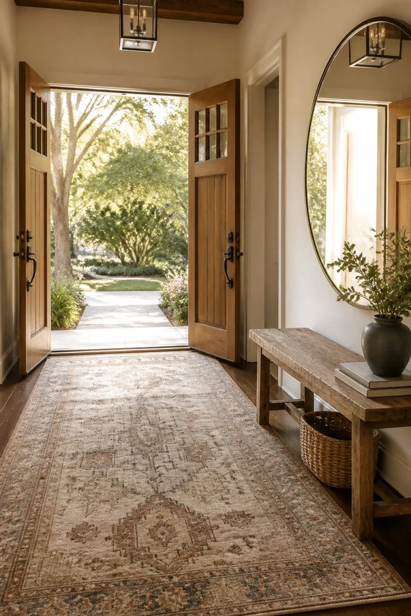 A realistic photo of a welcoming entryway with open double wooden doors, a large patterned area rug covering the floor, a small rustic wooden bench, and a large round mirror reflecting the light from the open doorway into the home.