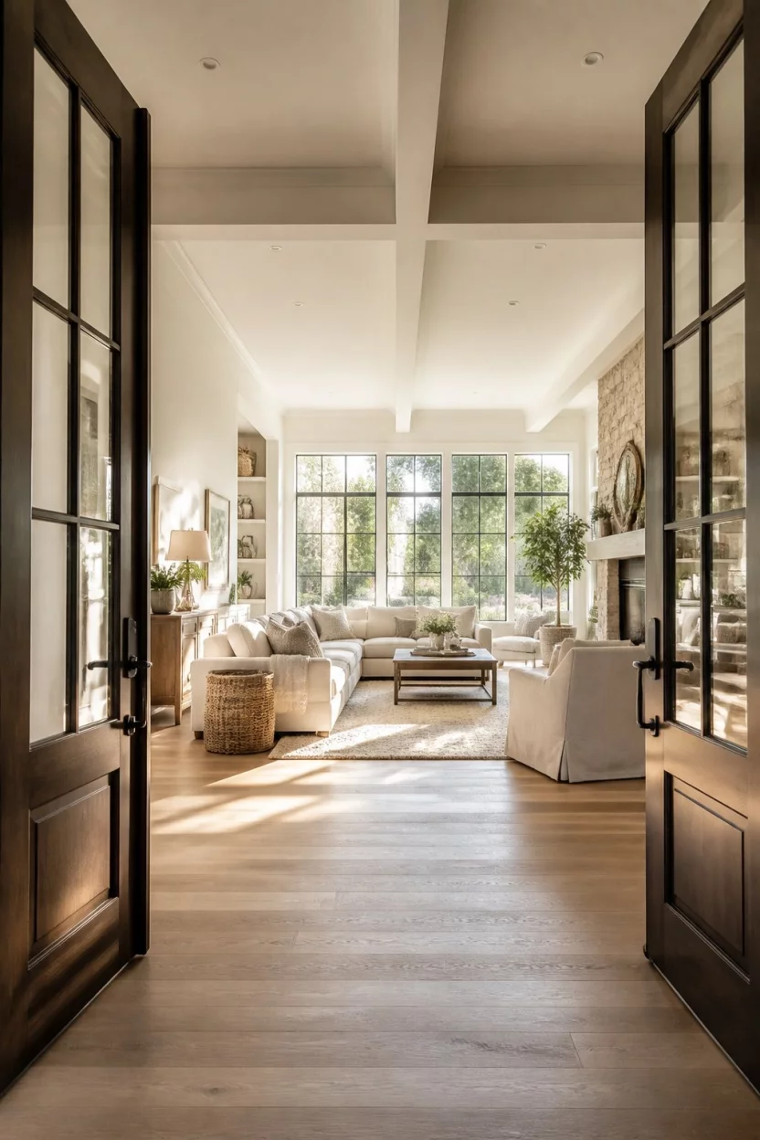 A realistic photo of a bright open living area as viewed from the entryway, showing neutral upholstered furniture, dark wooden double doors, a light textured rug, and large windows that fill the entire space with soft morning sunlight.
