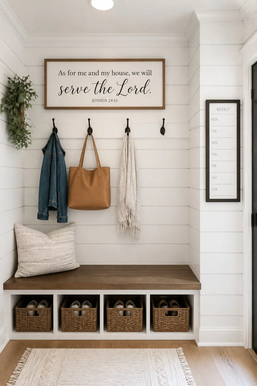 A realistic photo of a white shiplap mudroom featuring a built-in wooden bench, several wicker storage baskets for shoes, a scripture sign hanging above the hooks, and a visible weekly organizer mounted on the wall.