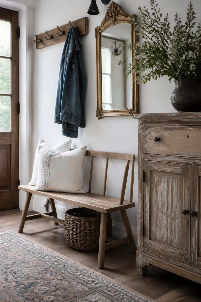 A realistic photo of a rustic farmhouse entryway showing a light wood bench with white pillows, a denim jacket hanging on a hook, an ornate gold mirror, and a distressed wooden cabinet.