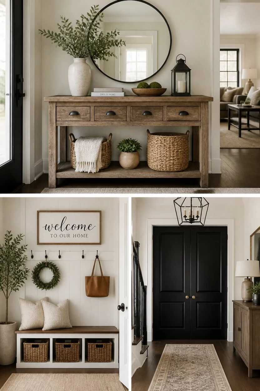 A realistic photo collage of three farmhouse entryway styles including a rustic wood console, a white shiplap bench with a welcome sign, and a bold set of black interior doors that create a modern focal point.