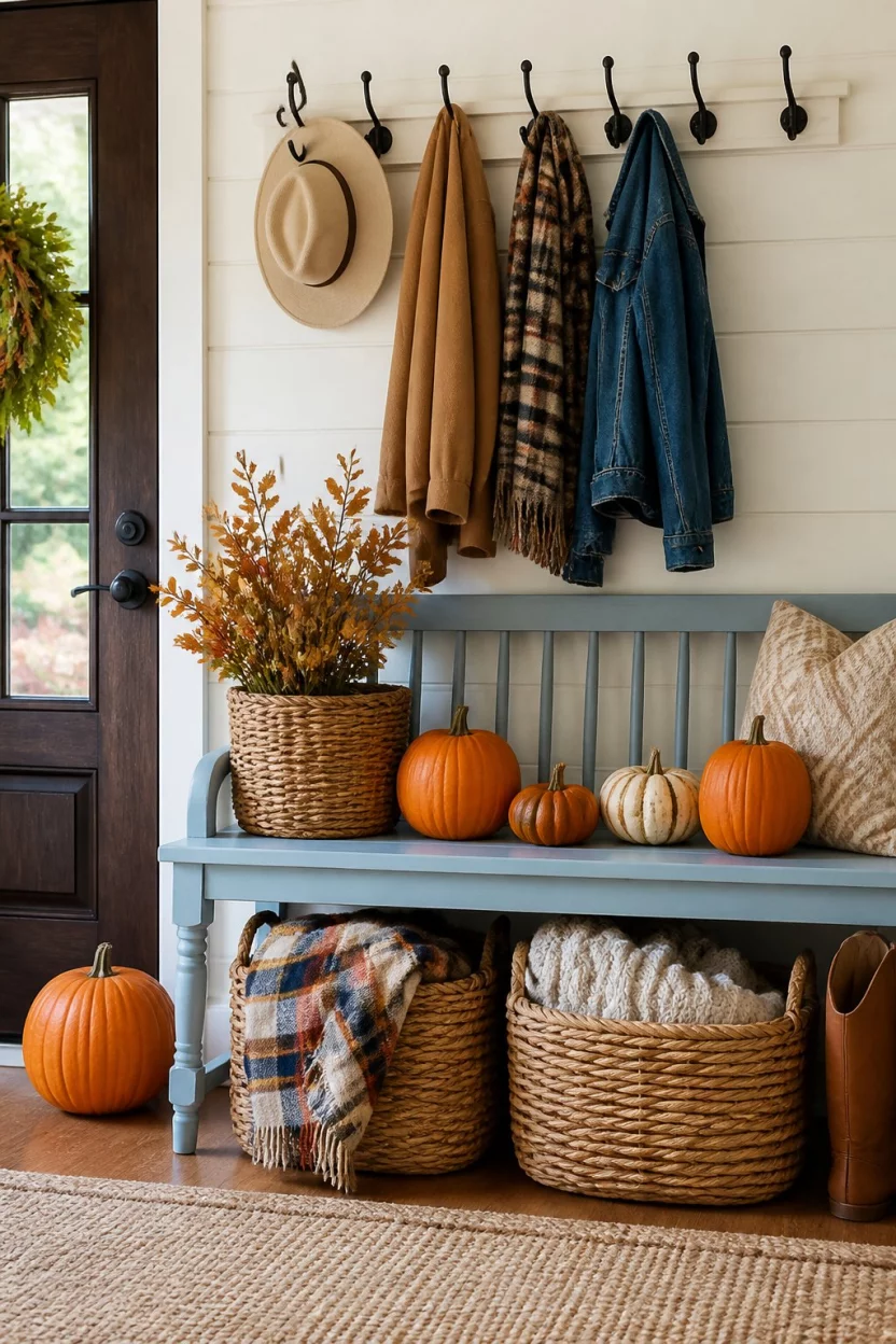 A realistic photo of an autumn themed farmhouse entryway with a light blue bench decorated with orange pumpkins, woven baskets filled with seasonal blankets, and various coats and hats hanging from black metal hooks on the wall above.