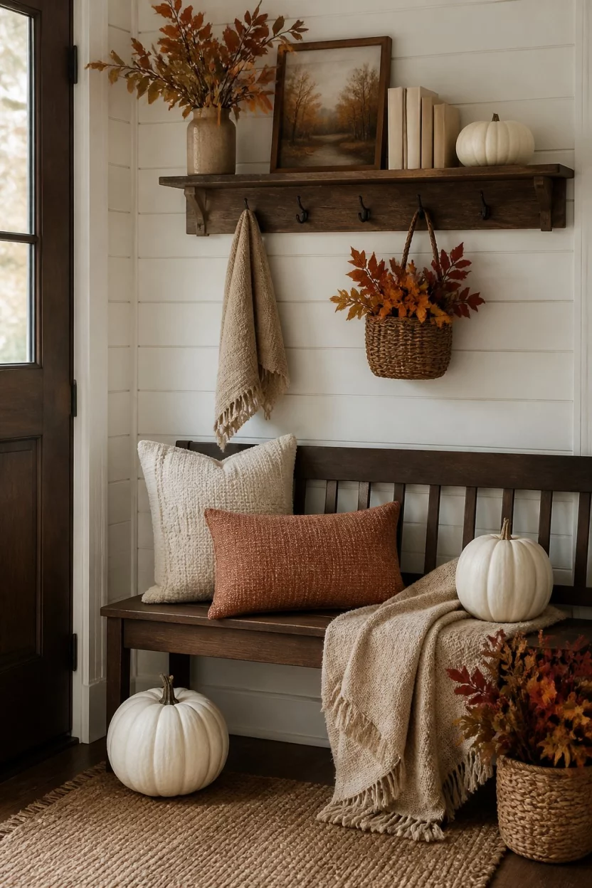 A realistic photo of a cozy fall entryway with white shiplap, a dark wood bench, several white pumpkins, layered textiles, and colorful fall foliage accents arranged on a wall-mounted shelf.
