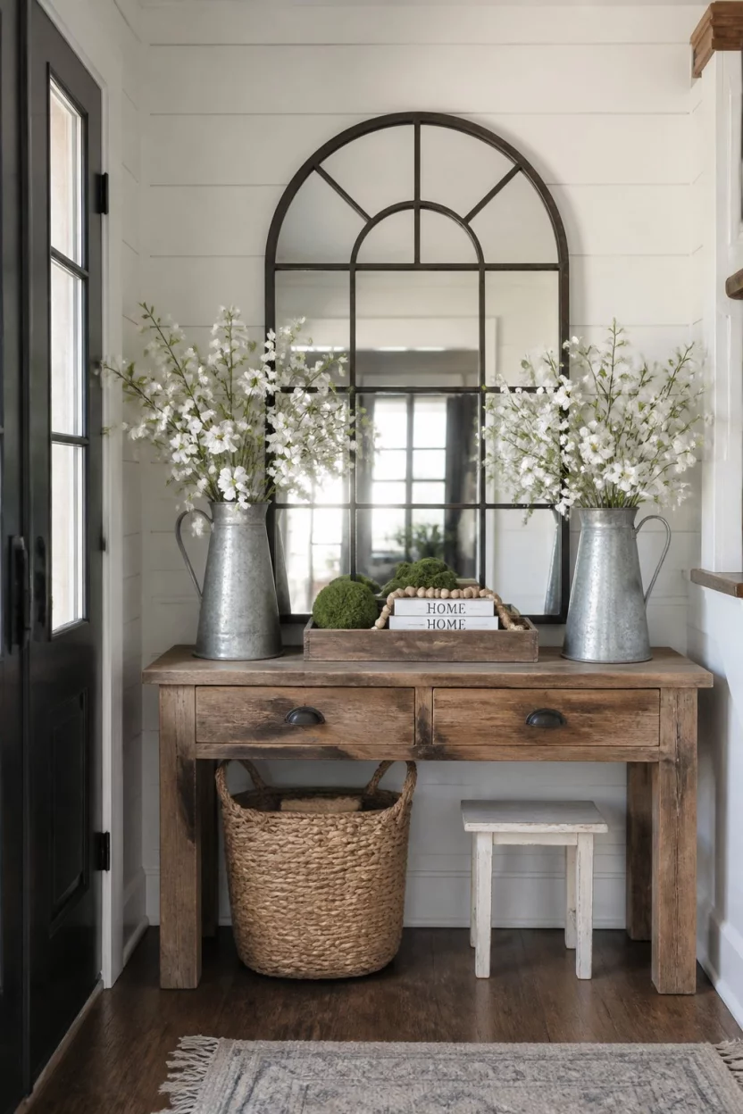 A realistic photo of a farmhouse entryway with a rustic wooden console table, a large arched windowpane mirror, and two galvanized pitchers holding tall white floral branches on either side.