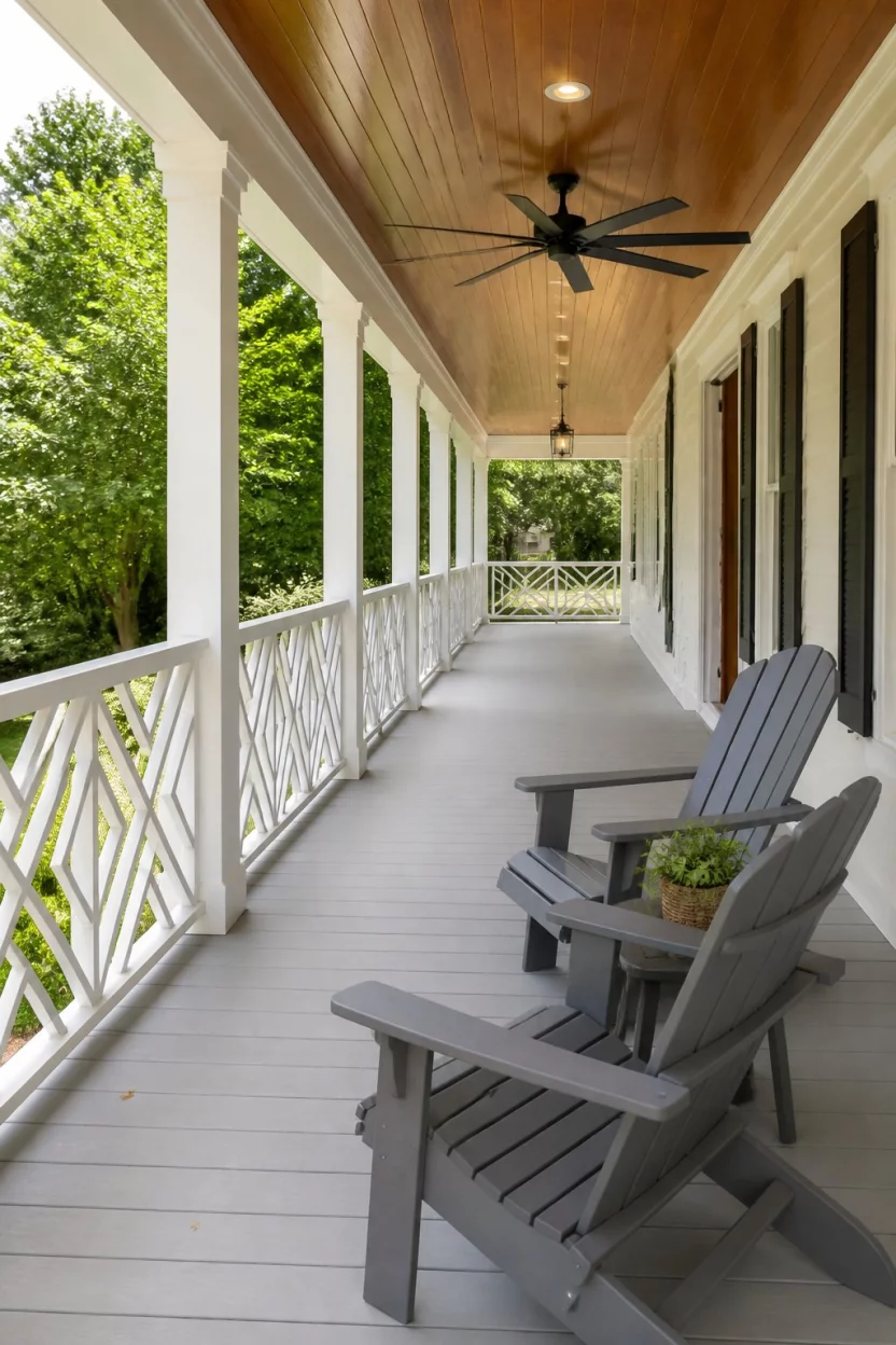 Relax With Adirondack Chairs And Wood Ceilings A realistic photo looking down the length of a long white porch featuring a polished wood tongue and groove ceiling, a large black industrial ceiling fan, white wooden railings, and two classic gray Adirondack chairs facing toward a leafy green yard.