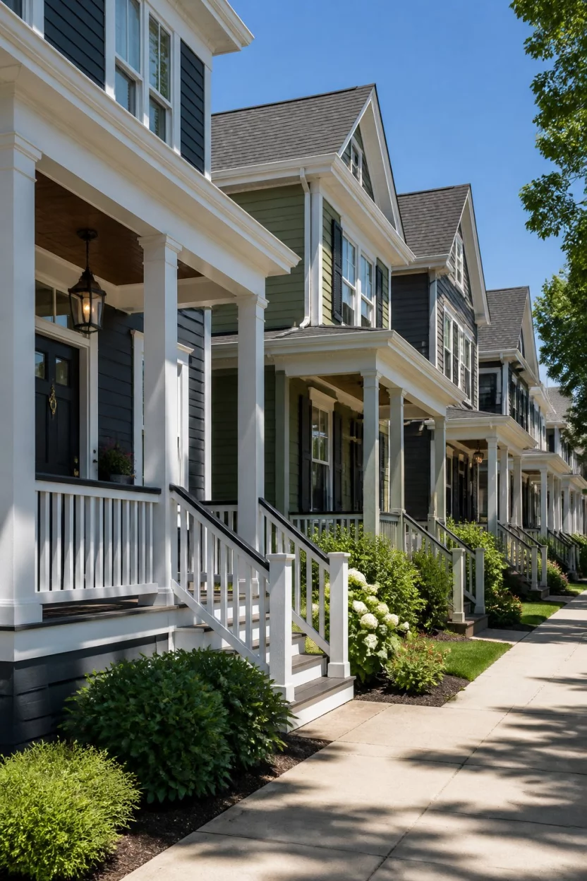 Visualize The Transformation A realistic photo of a bright suburban neighborhood street showing several different renovated front porches with varied colors like navy blue, sage green, and charcoal gray, each featuring unique light fixtures and decorative hardware under a clear blue sky.
