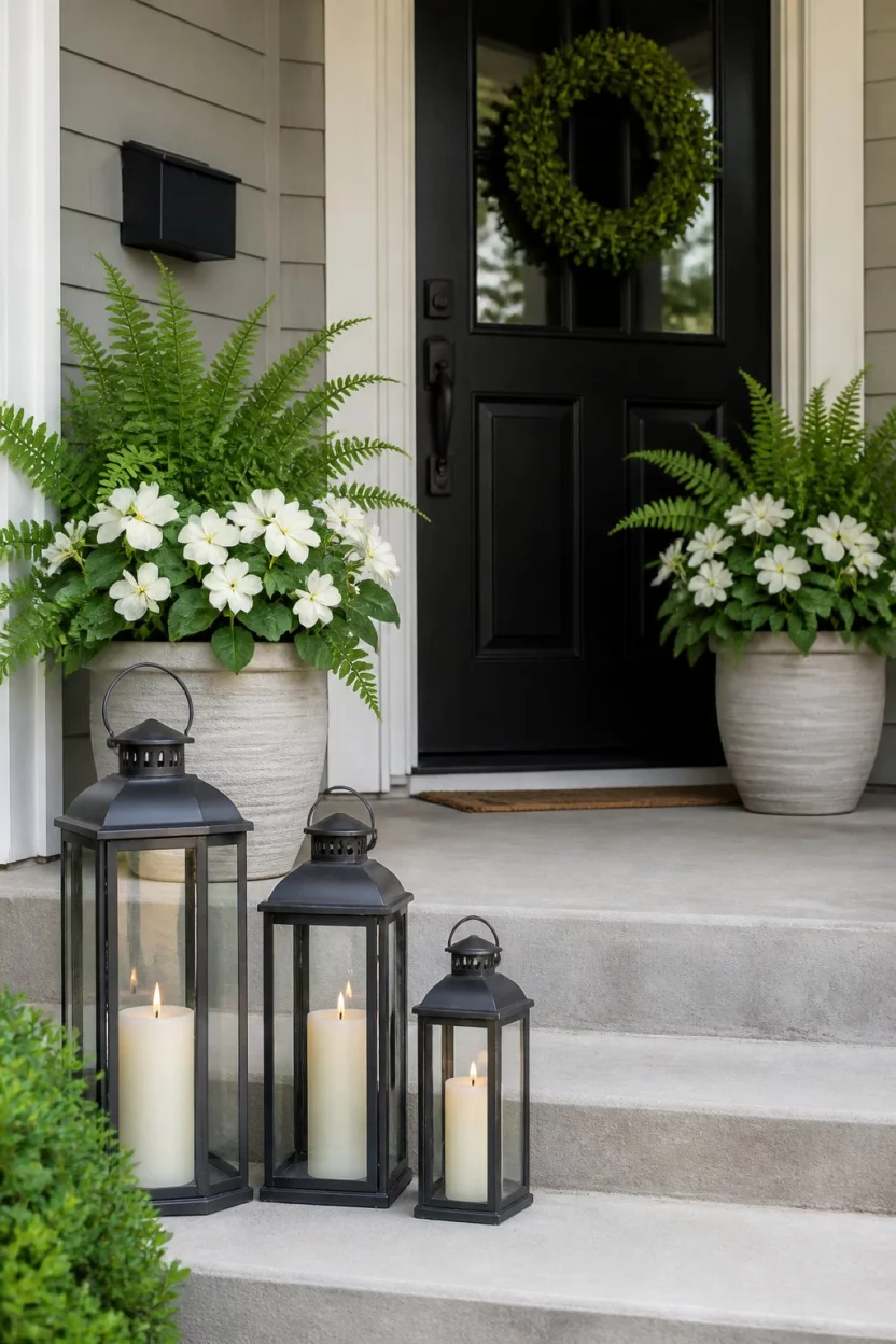 Small Porch Decorating Mastery A realistic photo of a small concrete front porch decorated with three vintage black lanterns of different sizes, a simple boxwood wreath on the door, and two large ceramic pots filled with white flowers and green ferns.