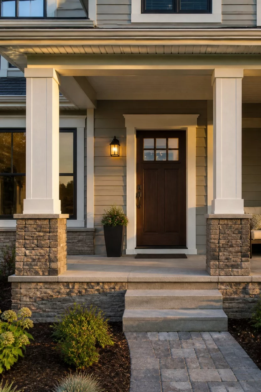 Craftsman Quality And Stone Accents A realistic photo of a craftsman style front porch with a stacked stone base, thick white square columns, light gray horizontal siding, and a rich dark mahogany wood door with small glass panes at the top during the golden hour.