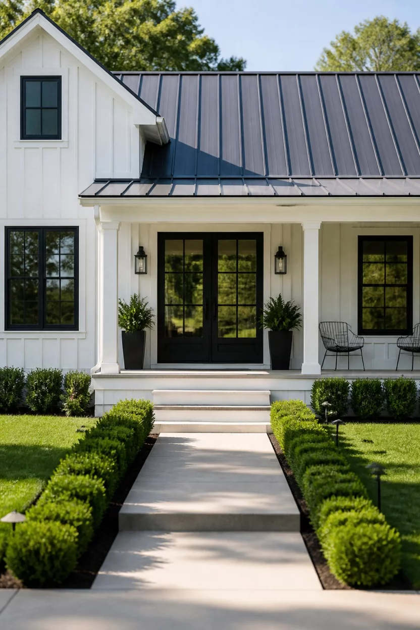 The Modern Farmhouse Aesthetic A realistic photo of a contemporary farmhouse porch with vertical white board and batten siding, a sleek gray metal roof, double glass entry doors with black frames, and a perfectly manicured small lawn with boxwood hedges along the concrete walkway.