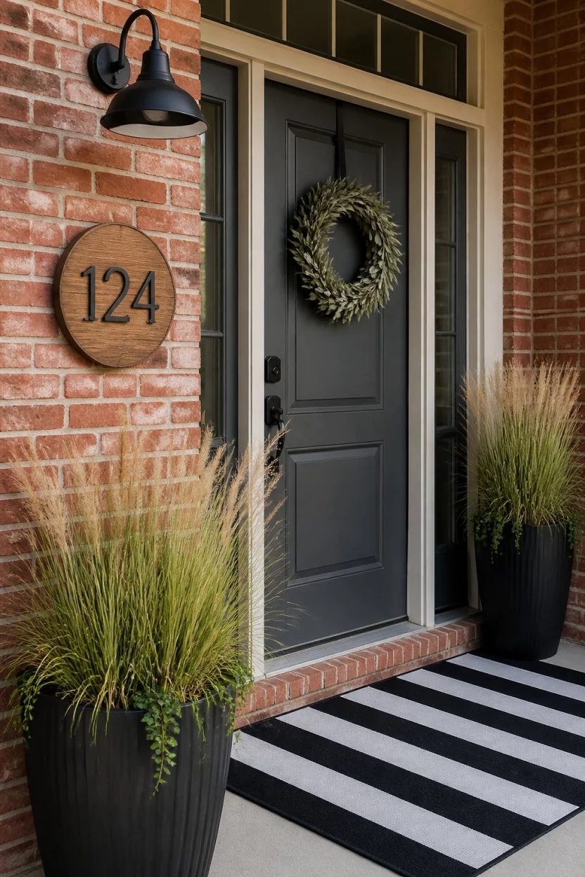 Small Details And Striking Planters A realistic photo of a red brick home entrance with a dark charcoal gray door, a large circular wooden sign with the house number, a black and white striped outdoor rug, and several oversized black planters containing tall ornamental grasses.
