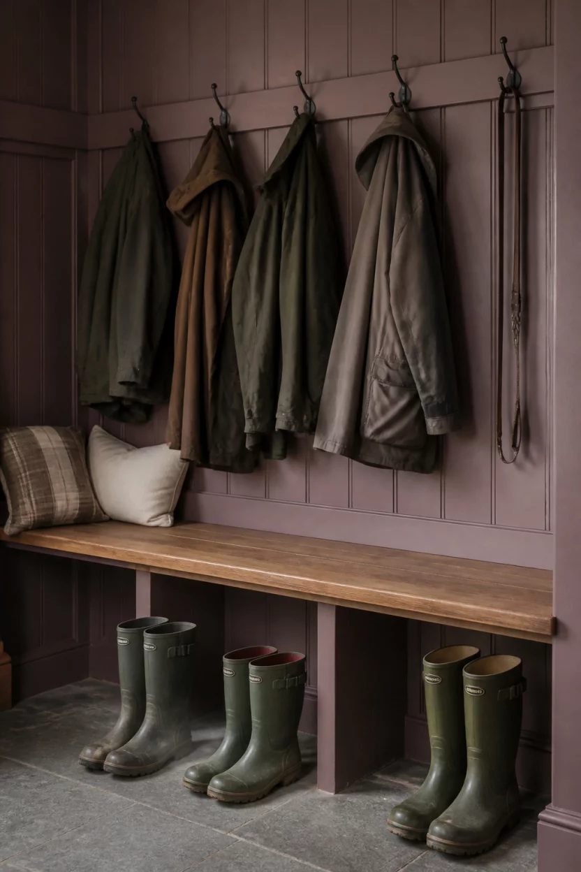 Rustic Mauve Retreat A realistic photo of a rustic mudroom with mauve brown paneled walls, a built-in wooden bench, heavy duty coat hooks with outdoor jackets, and several pairs of tall green rain boots on the floor.