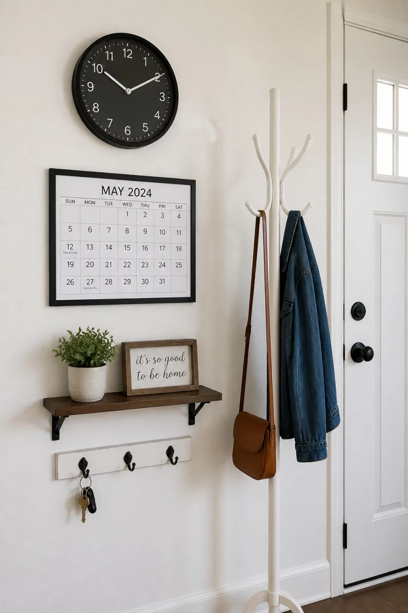 The Ultimate Command Center A realistic photo of a white wall featuring a black analog clock, a framed wall calendar, a small decorative shelf, hooks, and a white coat rack next to a white door.
