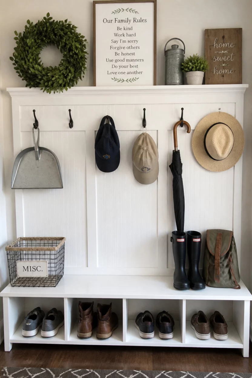 The Family Rule Board A realistic photo of a large white organizational board displaying family rules, a green wreath, a metal dustpan, hats, and an umbrella hanging near shoes stored neatly beneath hooks.