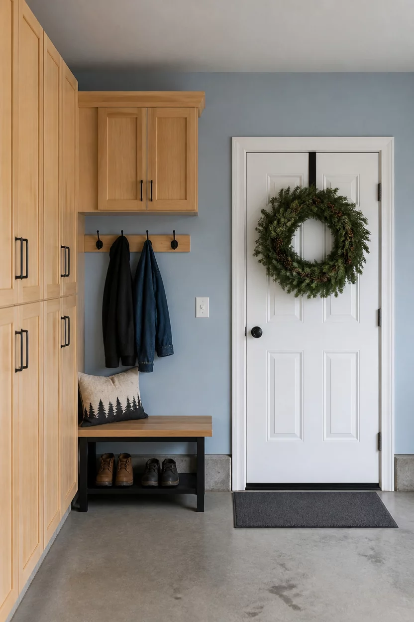 Soft Blue Simplicity A realistic photo of a simple garage entry area with light blue walls, natural wood cabinets, a small bench, and a white door adorned with a large evergreen wreath.