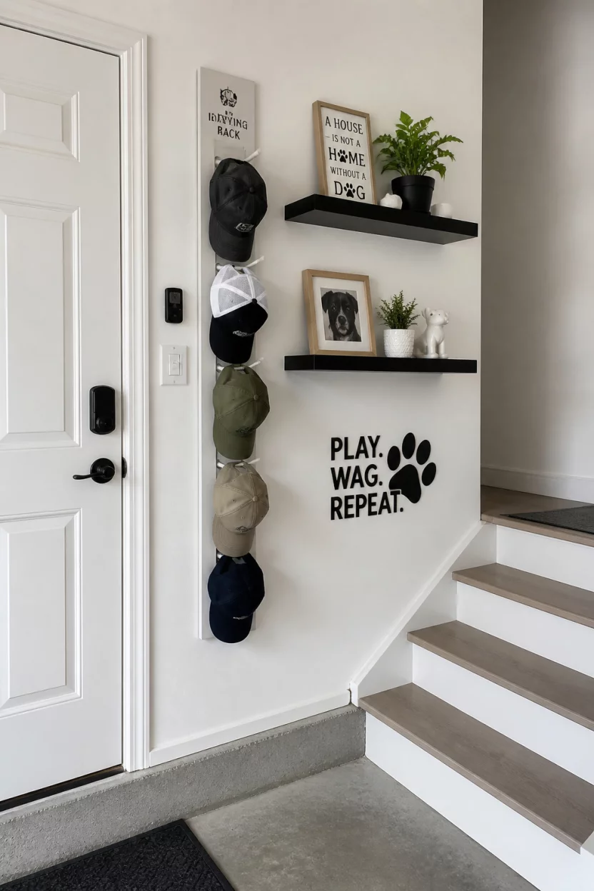 Pet Themed Vertical Storage A realistic photo of a garage entry with white walls and a white door, featuring a vertical wall mounted drying rack for hats, black floating shelves, and playful pet themed wall decor next to a clean set of stairs.