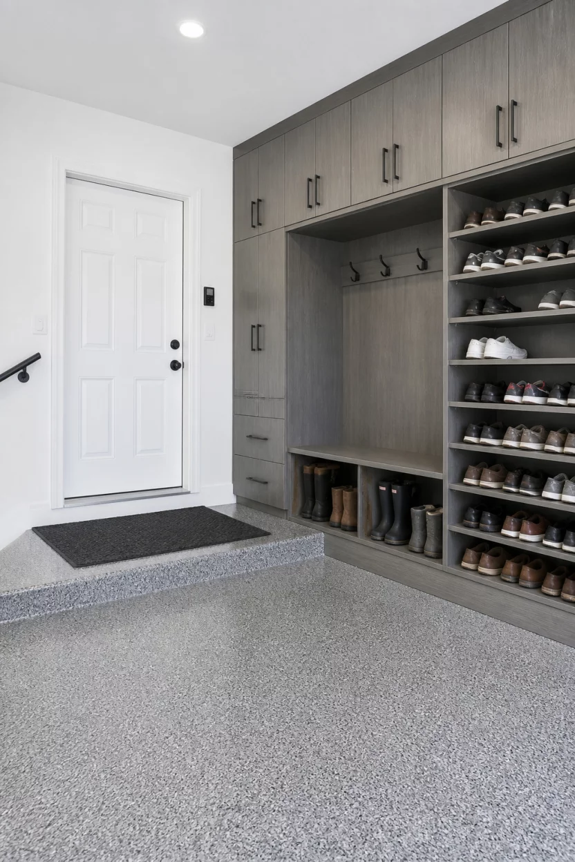 Sleek Grey Wood Finish A realistic photo of a bright garage entry with white walls, a white door, grey speckled flooring, and extensive grey wood cabinetry offering both enclosed and open shoe storage.