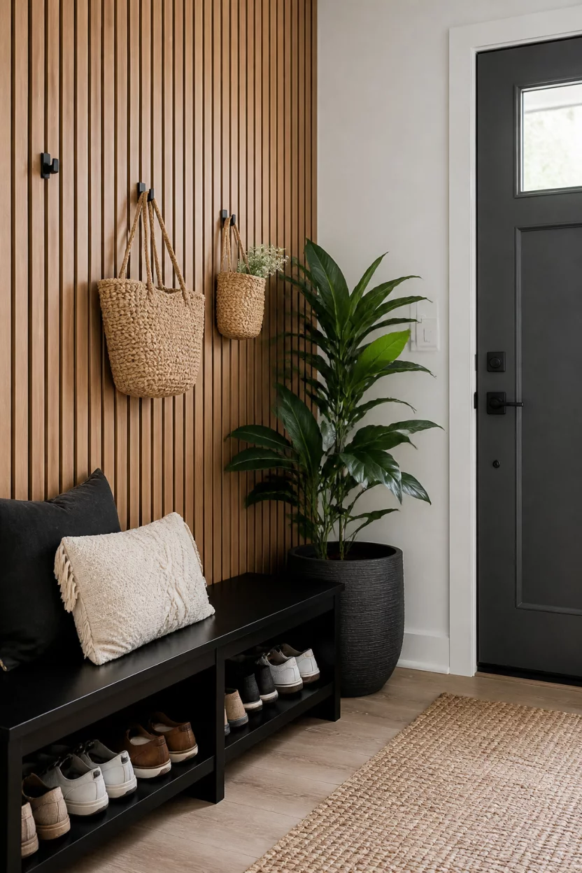 Modern Slatted Wood Style A realistic photo of a modern entryway featuring vertical wood paneling, a sleek black shoe bench, hanging woven baskets, a large potted green plant, and a dark grey door against a crisp white wall.