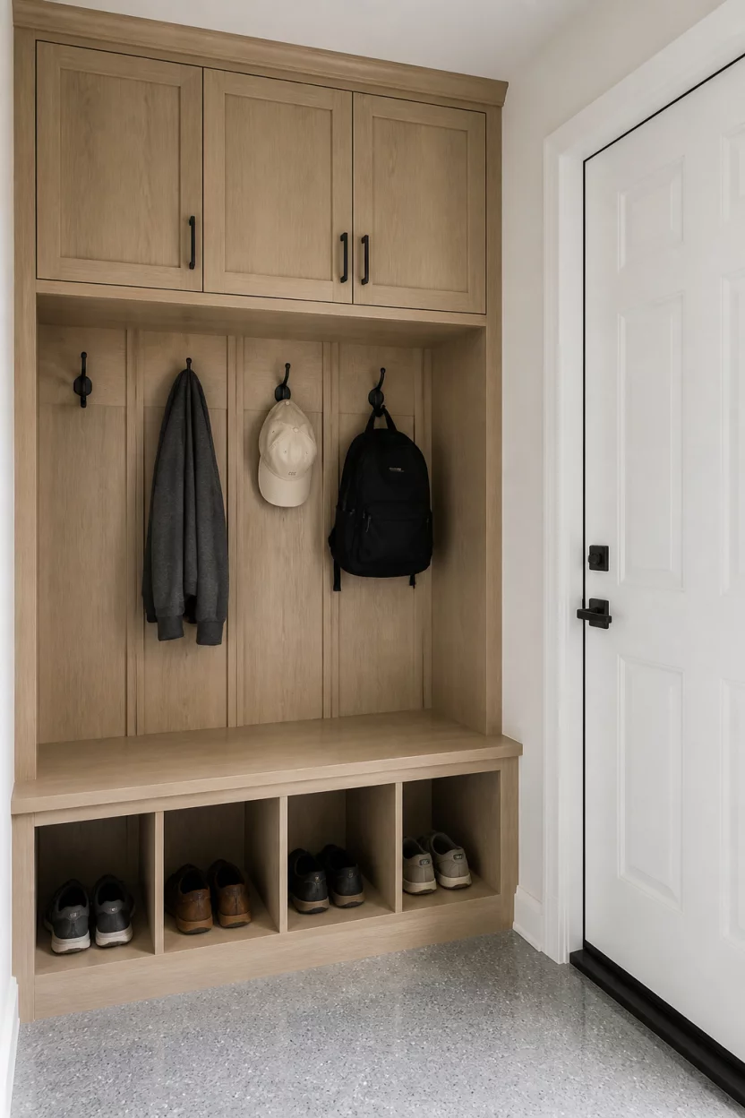 Light Wood Built In Bliss A realistic photo of a light wood built in mudroom unit with upper storage cabinets, a central area with coat hooks, and lower cubbies for shoes located right next to a clean white garage entry door.