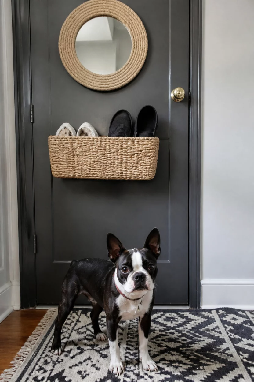 Small Scale Entry Magic A realistic photo of a small Boston Terrier standing on a patterned rug in front of a dark grey door with a woven rope mirror and a wicker basket for shoes mounted above.