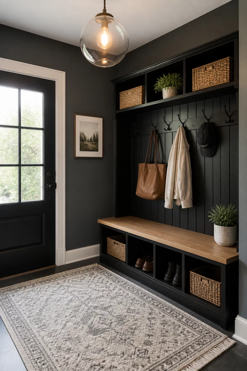 Modern Industrial Render A realistic photo of a modern mudroom with dark grey walls, a light beige area rug, a black and wood toned hall tree, and a decorative globe pendant light.