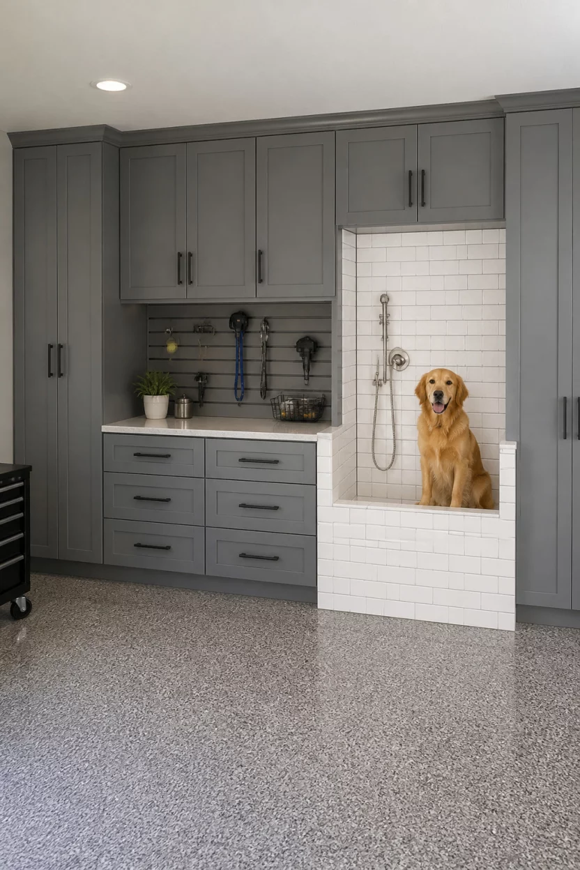 The Ultimate Canine Station A realistic photo of an organized garage featuring custom grey cabinetry and a professional white tiled dog washing station with a built in hand shower and a golden retriever sitting patiently inside.