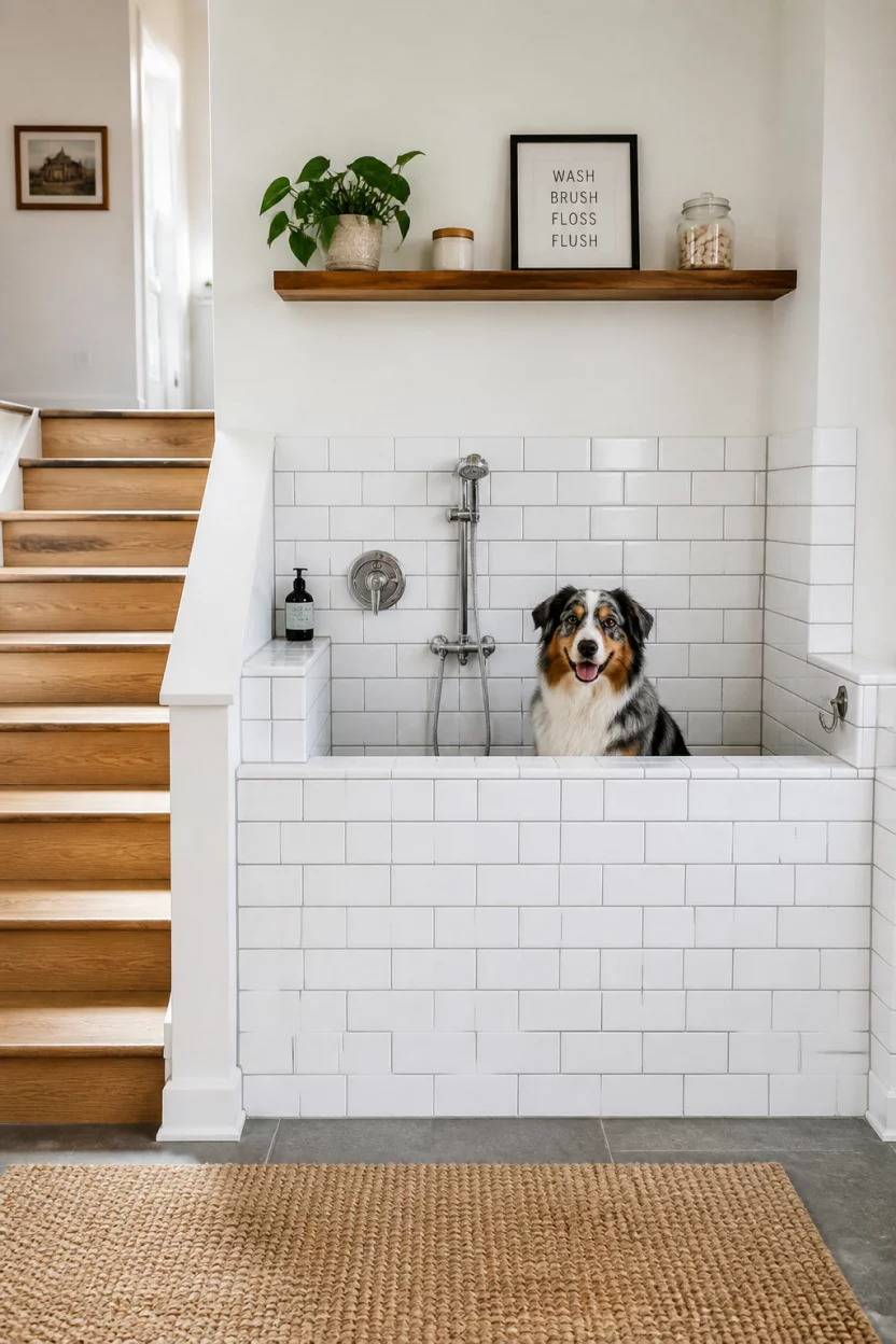 Subway Tile Dog Spa A realistic photo of a bright room with a dedicated dog bathing station tiled in classic white subway tile with wooden stairs leading upward and an Australian Shepherd sitting inside the tub.