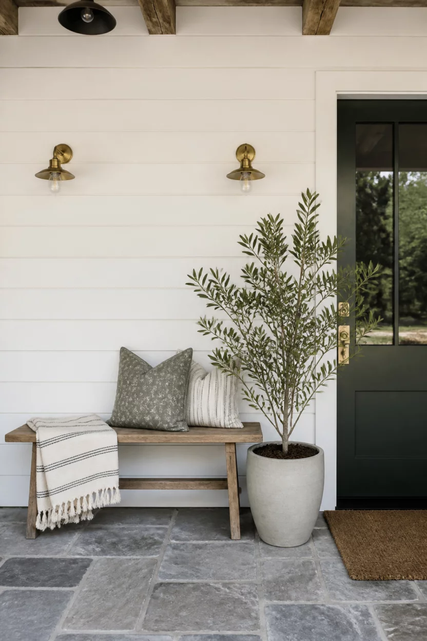 Dark Green Shiplap Contrast A realistic photo of a rustic entry featuring a white shiplap wall with a simple wood bench, brass sconces, a large potted plant, and a dark green door nearby.